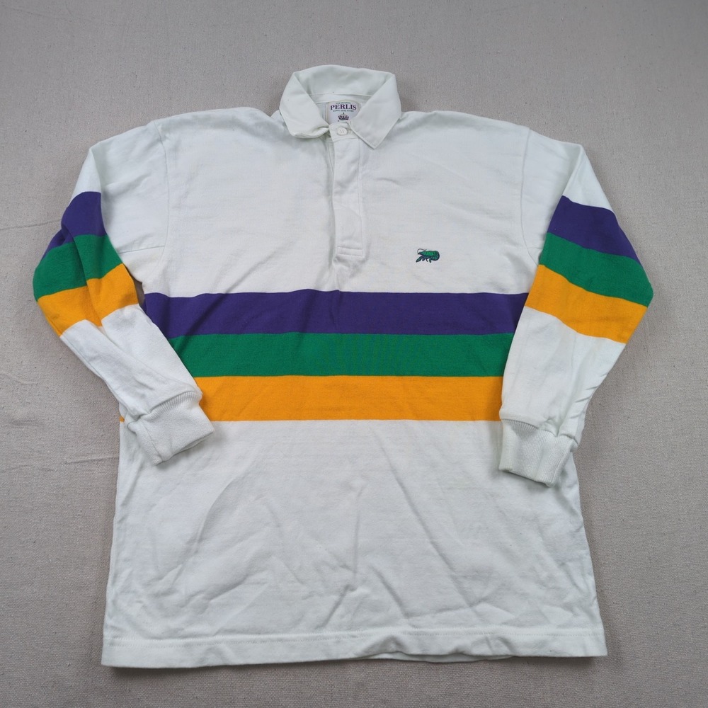 Perlis Shirt Mens Medium White Mardi Gras Rugby Striped VTG Made in USA